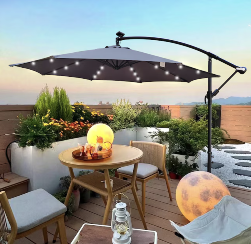 Outdoor patio umbrellas with LED Lights. The battery powered lights are great for evenings. 